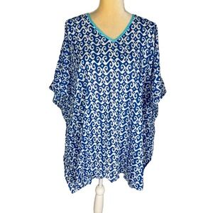 NWT Needham Lane Blue White Poncho Swim Coverup VNeck Short Sleeve Loose Fit O/S